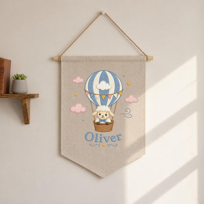 Personalized Hot Air Balloon Lamb Nursery Banner, Custom Name Embroidered Wall Hanging
