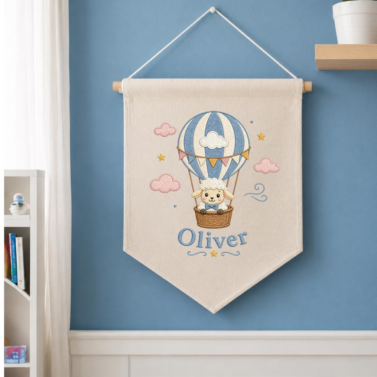 Personalized Hot Air Balloon Lamb Nursery Banner, Custom Name Embroidered Wall Hanging