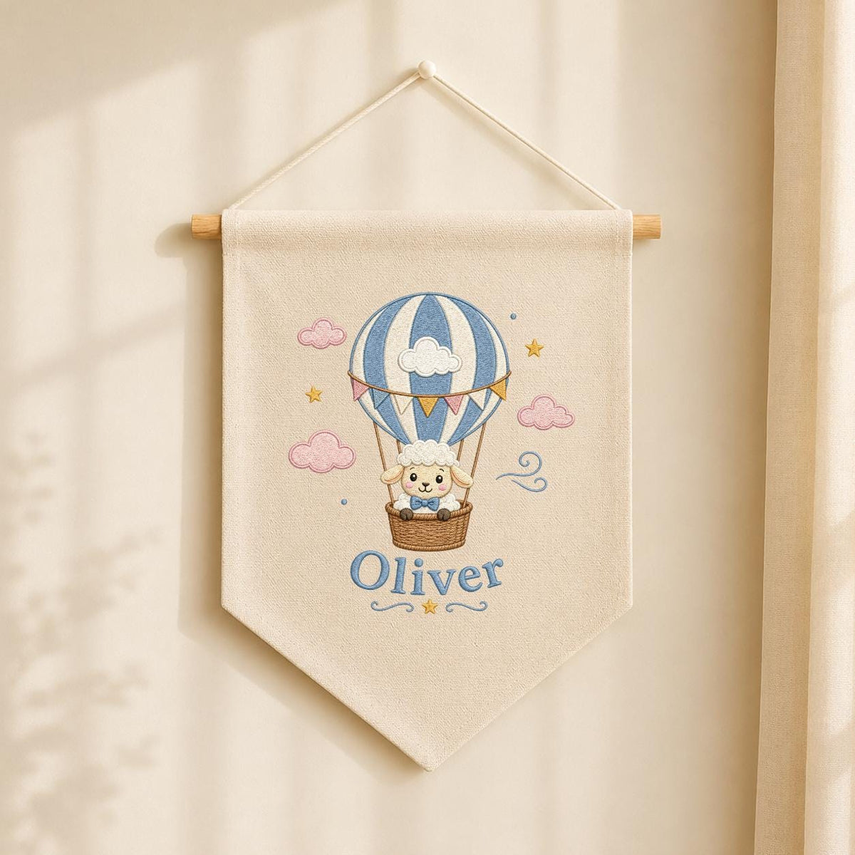 Personalized Hot Air Balloon Lamb Nursery Banner, Custom Name Embroidered Wall Hanging