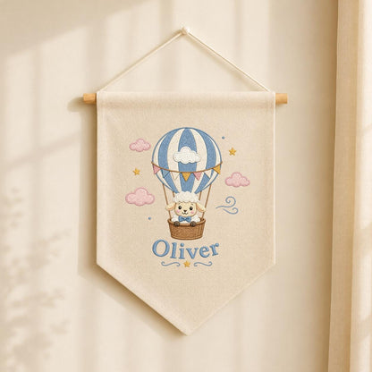 Personalized Hot Air Balloon Lamb Nursery Banner, Custom Name Embroidered Wall Hanging