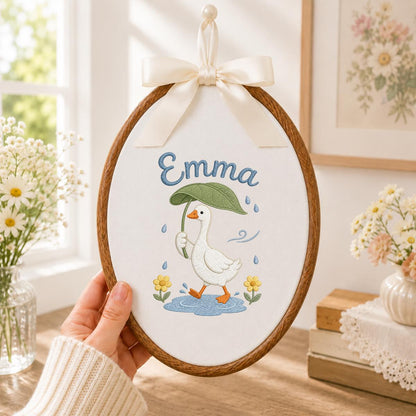 Personalized Embroidered Hoop Art, Custom Name Nursery Decor, Duck Umbrella Wall Art