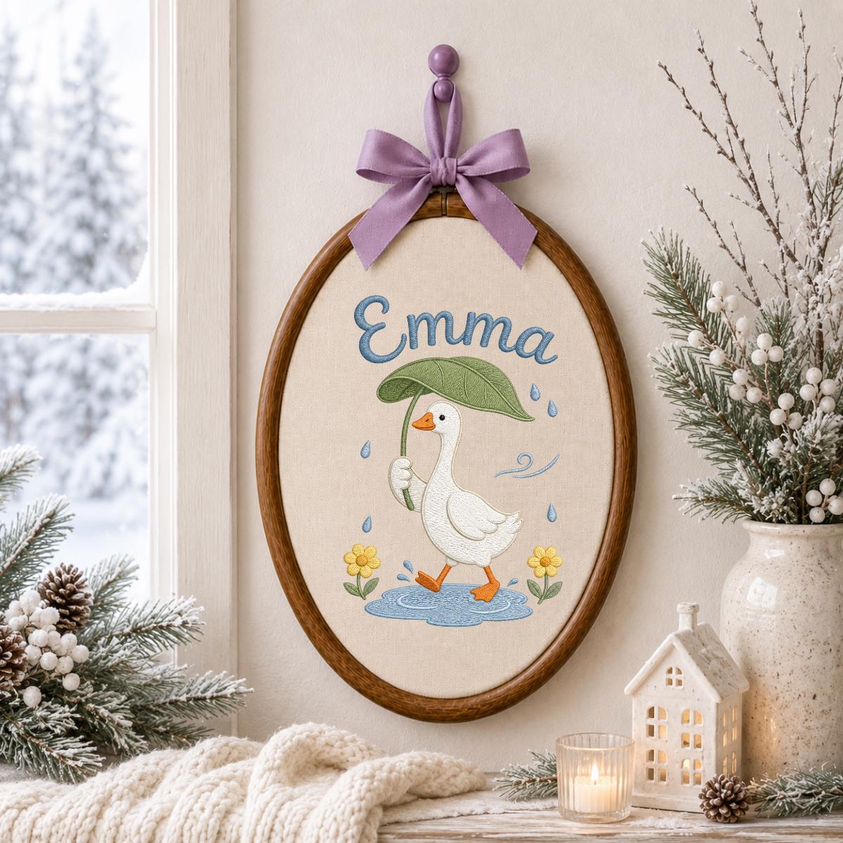 Personalized Embroidered Hoop Art, Custom Name Nursery Decor, Duck Umbrella Wall Art