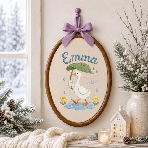 Personalized Embroidered Hoop Art, Custom Name Nursery Decor, Duck Umbrella Wall Art