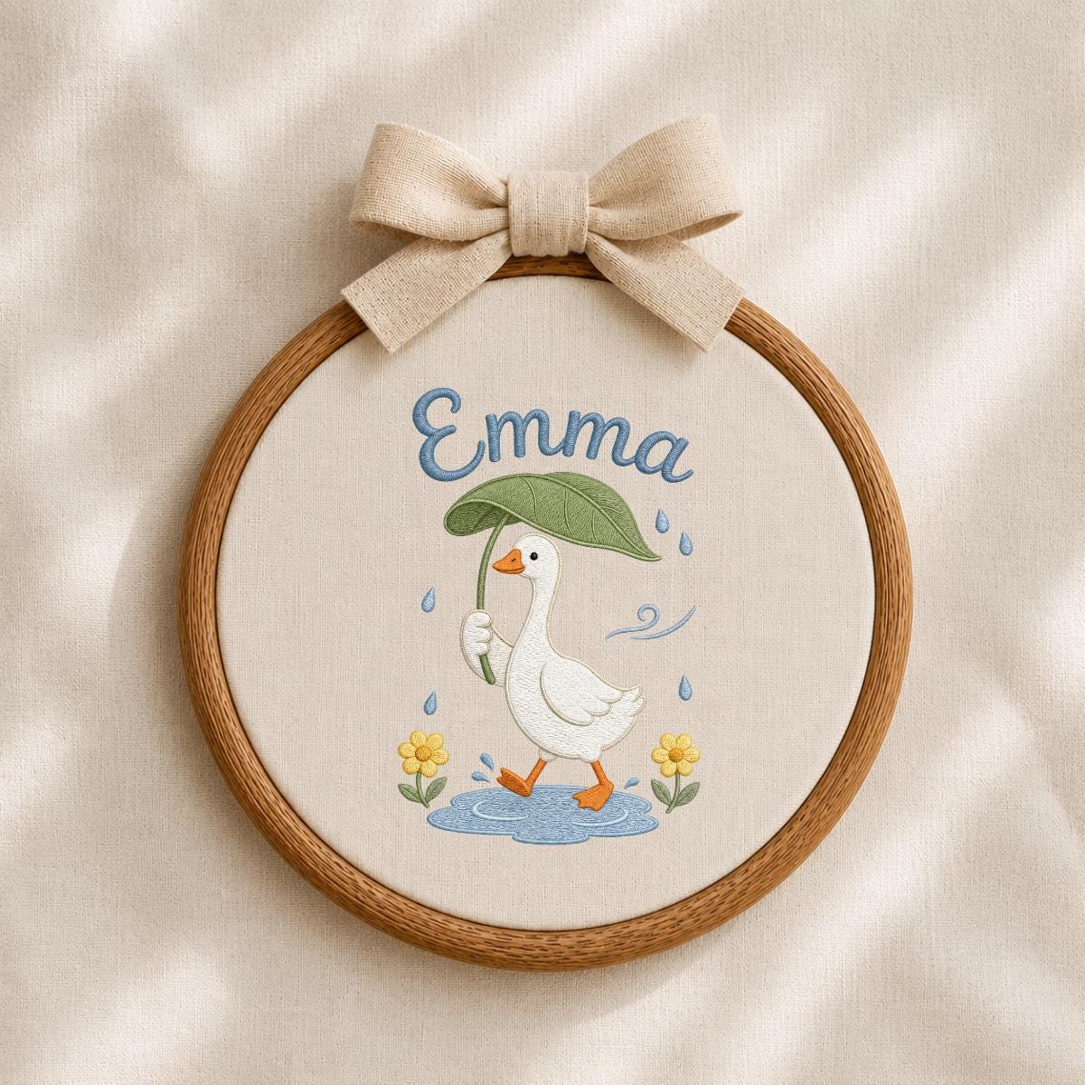 Personalized Embroidered Hoop Art, Custom Name Nursery Decor, Duck Umbrella Wall Art