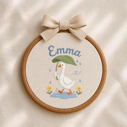 Personalized Embroidered Hoop Art, Custom Name Nursery Decor, Duck Umbrella Wall Art