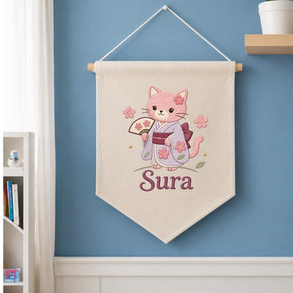 Personalized Embroidered Cat Kimono Banner, Cherry Blossom Wall Hanging, Linen Fabric Art