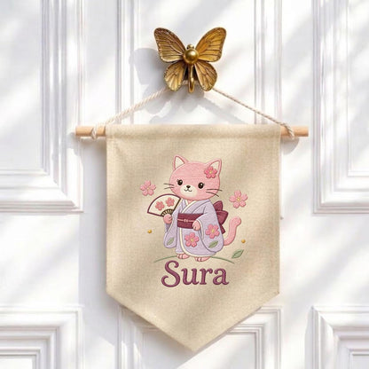 Personalized Embroidered Cat Kimono Banner, Cherry Blossom Wall Hanging, Linen Fabric Art