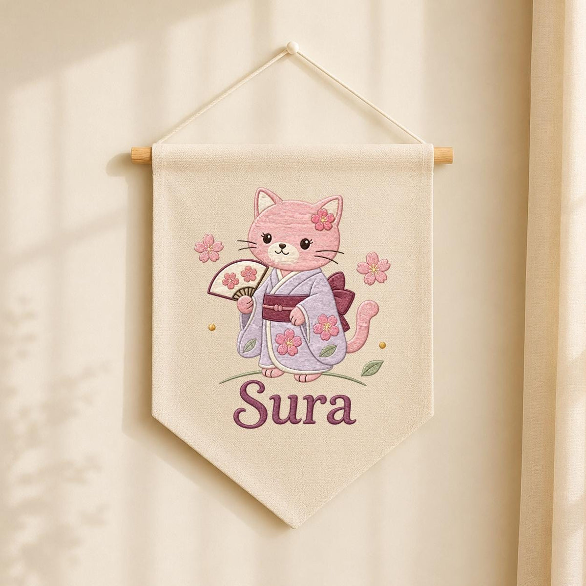 Personalized Embroidered Cat Kimono Banner, Cherry Blossom Wall Hanging, Linen Fabric Art