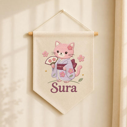Personalized Embroidered Cat Kimono Banner, Cherry Blossom Wall Hanging, Linen Fabric Art