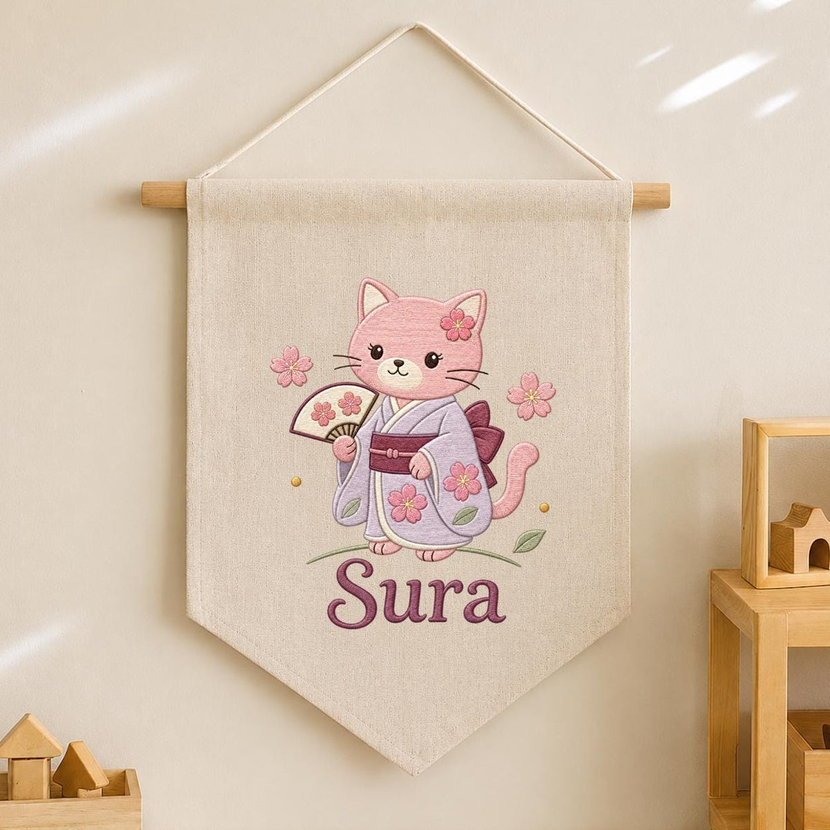 Personalized Embroidered Cat Kimono Banner, Cherry Blossom Wall Hanging, Linen Fabric Art