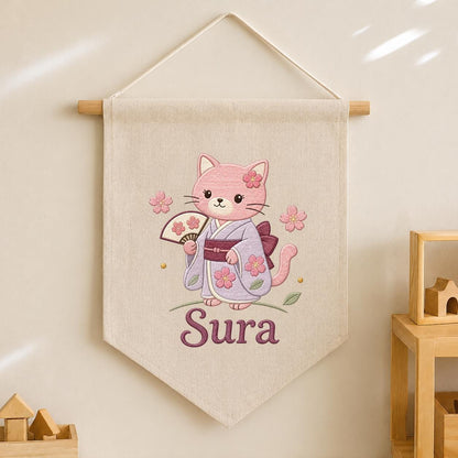 Personalized Embroidered Cat Kimono Banner, Cherry Blossom Wall Hanging, Linen Fabric Art