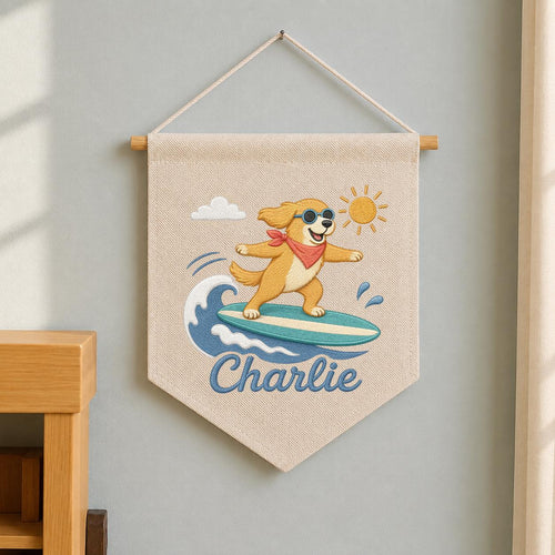 Custom Embroidered Surfing Dog Banner, Personalized Beach Nursery Wall Hanging