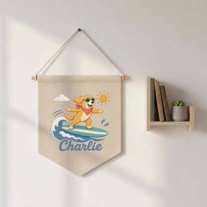 Custom Embroidered Surfing Dog Banner, Personalized Beach Nursery Wall Hanging