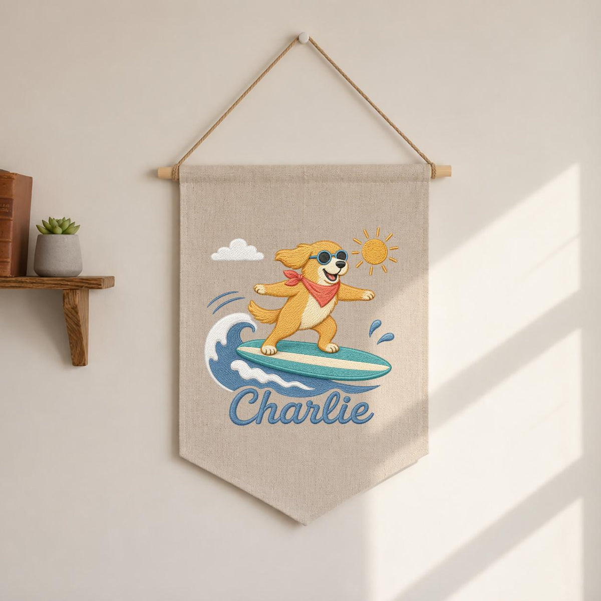 Custom Embroidered Surfing Dog Banner, Personalized Beach Nursery Wall Hanging