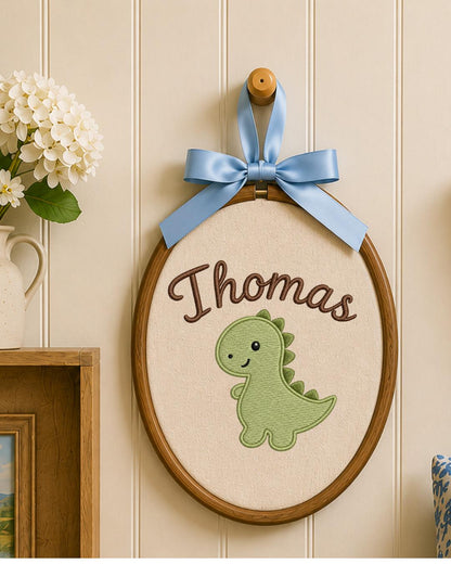 Personalized Dinosaur Embroidery Hoop, Custom Name Nursery Wall Decor, Baby Boy Dino Room Art, Handmade Baby Shower Gift