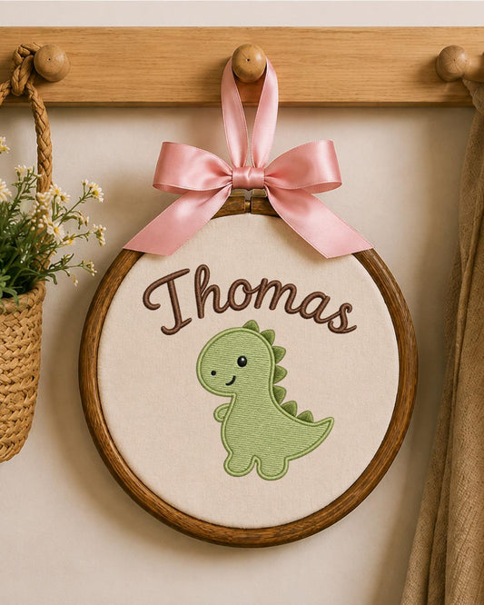 Personalized Dinosaur Embroidery Hoop, Custom Name Nursery Wall Decor, Baby Boy Dino Room Art, Handmade Baby Shower Gift