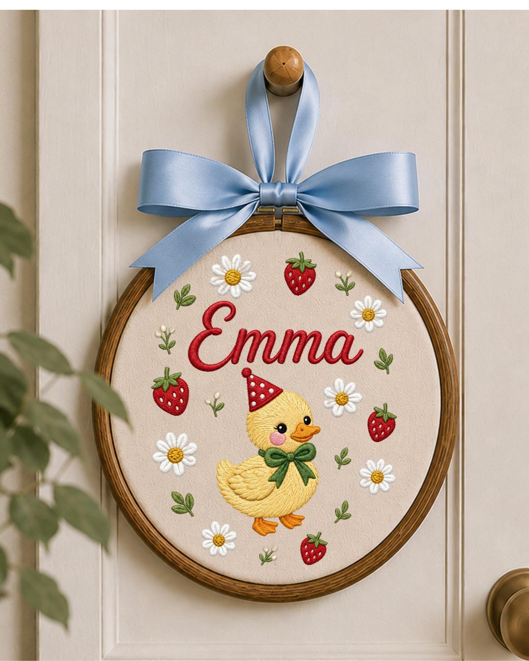 Personalized Duck Embroidery Hoop, Custom Name Nursery Wall Decor, Strawberry Daisy Baby Girl Room Art, Birthday or Baby Shower Gift