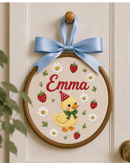 Personalized Duck Embroidery Hoop, Custom Name Nursery Wall Decor, Strawberry Daisy Baby Girl Room Art, Birthday or Baby Shower Gift