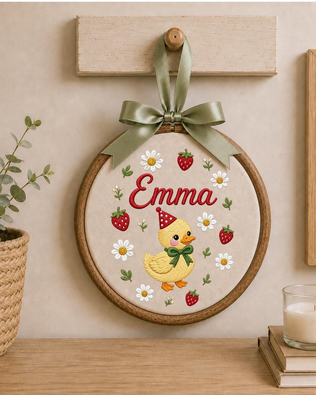 Personalized Duck Embroidery Hoop, Custom Name Nursery Wall Decor, Strawberry Daisy Baby Girl Room Art, Birthday or Baby Shower Gift