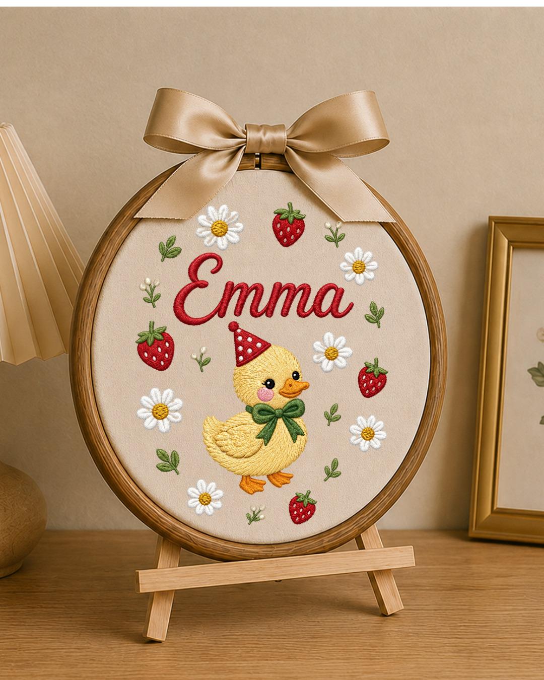 Personalized Duck Embroidery Hoop, Custom Name Nursery Wall Decor, Strawberry Daisy Baby Girl Room Art, Birthday or Baby Shower Gift