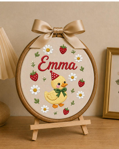 Personalized Duck Embroidery Hoop, Custom Name Nursery Wall Decor, Strawberry Daisy Baby Girl Room Art, Birthday or Baby Shower Gift