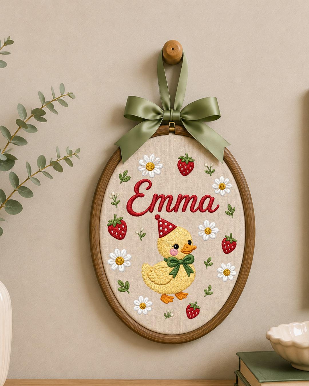 Personalized Duck Embroidery Hoop, Custom Name Nursery Wall Decor, Strawberry Daisy Baby Girl Room Art, Birthday or Baby Shower Gift