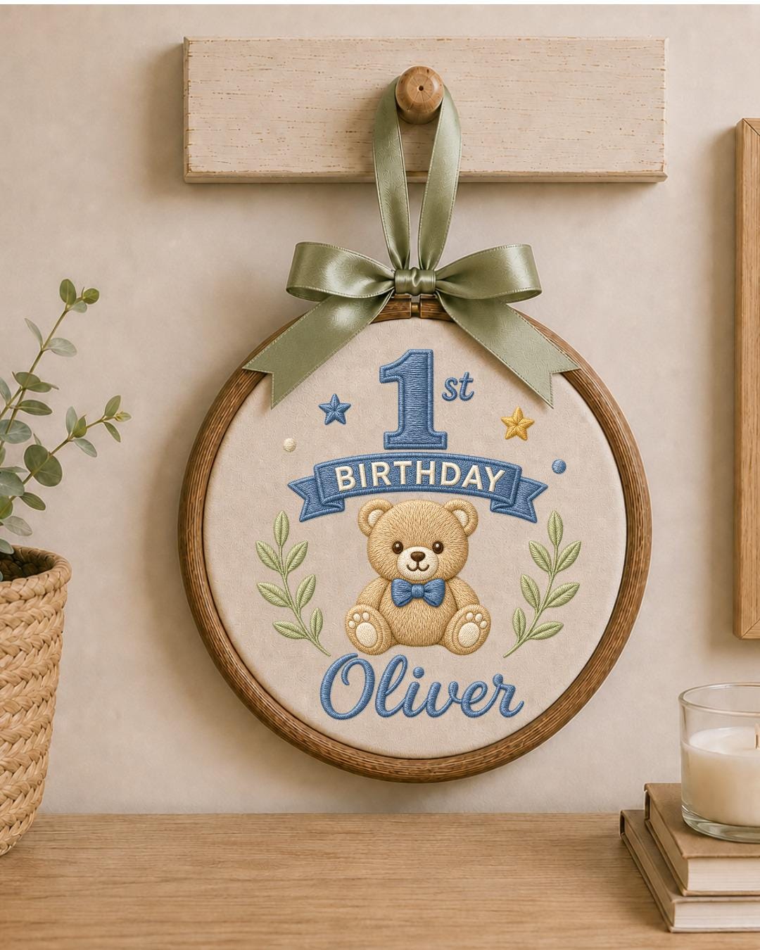 Personalized First Birthday Embroidery Hoop, Custom Name Teddy Bear Nursery Decor, Baby Boy 1st Birthday Keepsake, Baby Shower Gift