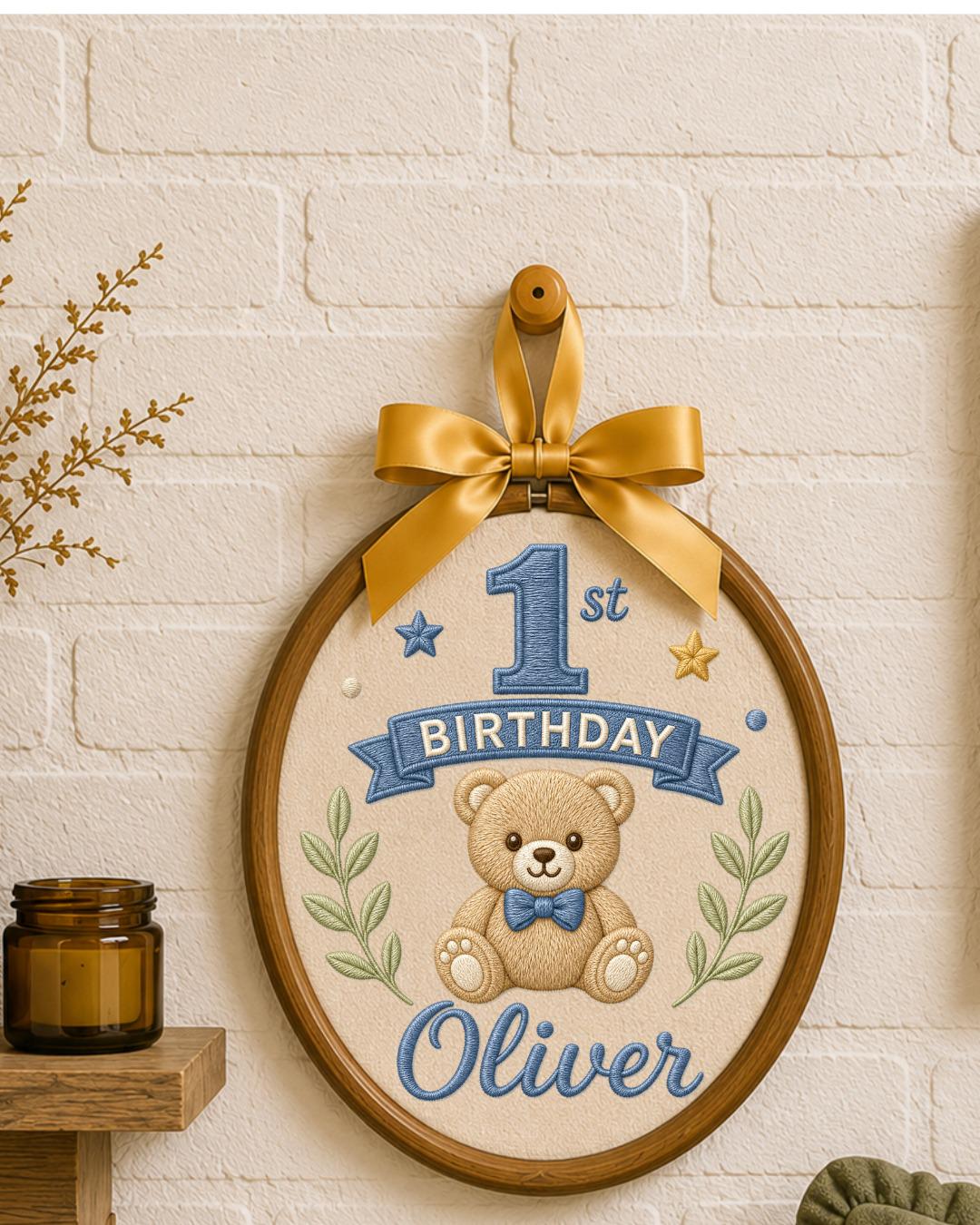 Personalized First Birthday Embroidery Hoop, Custom Name Teddy Bear Nursery Decor, Baby Boy 1st Birthday Keepsake, Baby Shower Gift