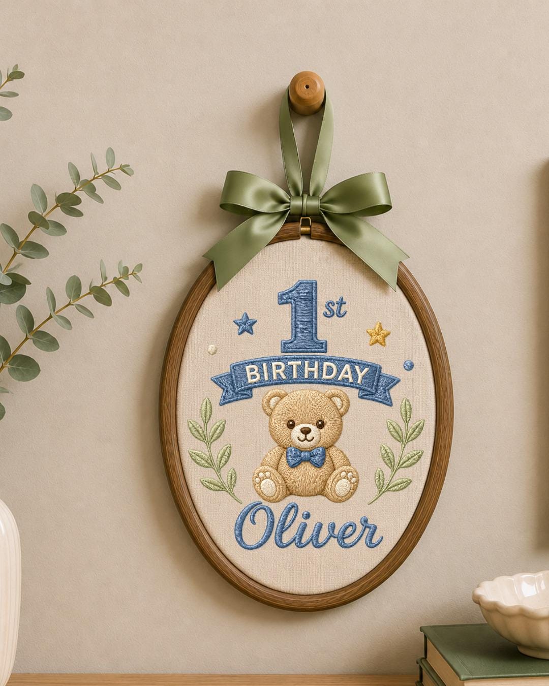 Personalized First Birthday Embroidery Hoop, Custom Name Teddy Bear Nursery Decor, Baby Boy 1st Birthday Keepsake, Baby Shower Gift