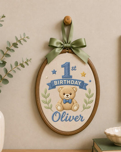 Personalized First Birthday Embroidery Hoop, Custom Name Teddy Bear Nursery Decor, Baby Boy 1st Birthday Keepsake, Baby Shower Gift
