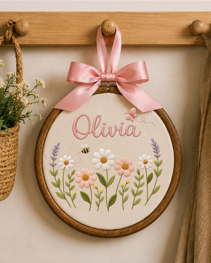 Personalized Wildflower Embroidery Hoop, Custom Name Floral Nursery Wall Decor, Baby Girl Room Art, Butterfly and Bee Baby Shower Gift