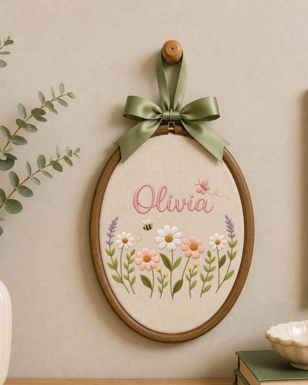 Personalized Wildflower Embroidery Hoop, Custom Name Floral Nursery Wall Decor, Baby Girl Room Art, Butterfly and Bee Baby Shower Gift