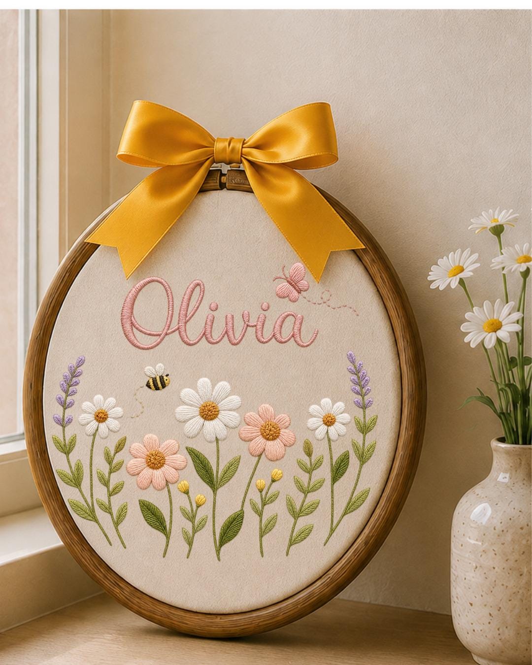 Personalized Wildflower Embroidery Hoop, Custom Name Floral Nursery Wall Decor, Baby Girl Room Art, Butterfly and Bee Baby Shower Gift