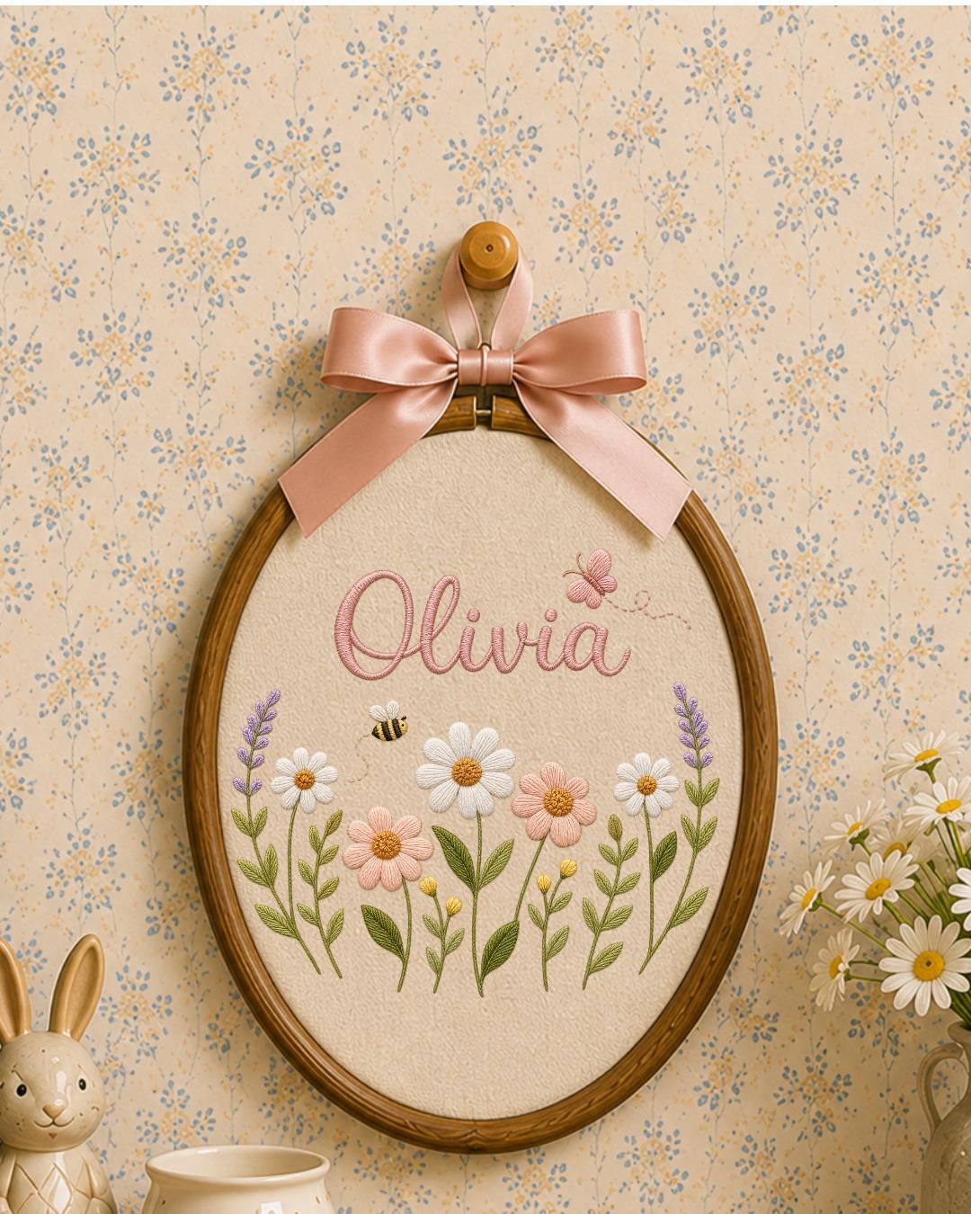 Personalized Wildflower Embroidery Hoop, Custom Name Floral Nursery Wall Decor, Baby Girl Room Art, Butterfly and Bee Baby Shower Gift