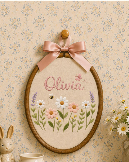 Personalized Wildflower Embroidery Hoop, Custom Name Floral Nursery Wall Decor, Baby Girl Room Art, Butterfly and Bee Baby Shower Gift