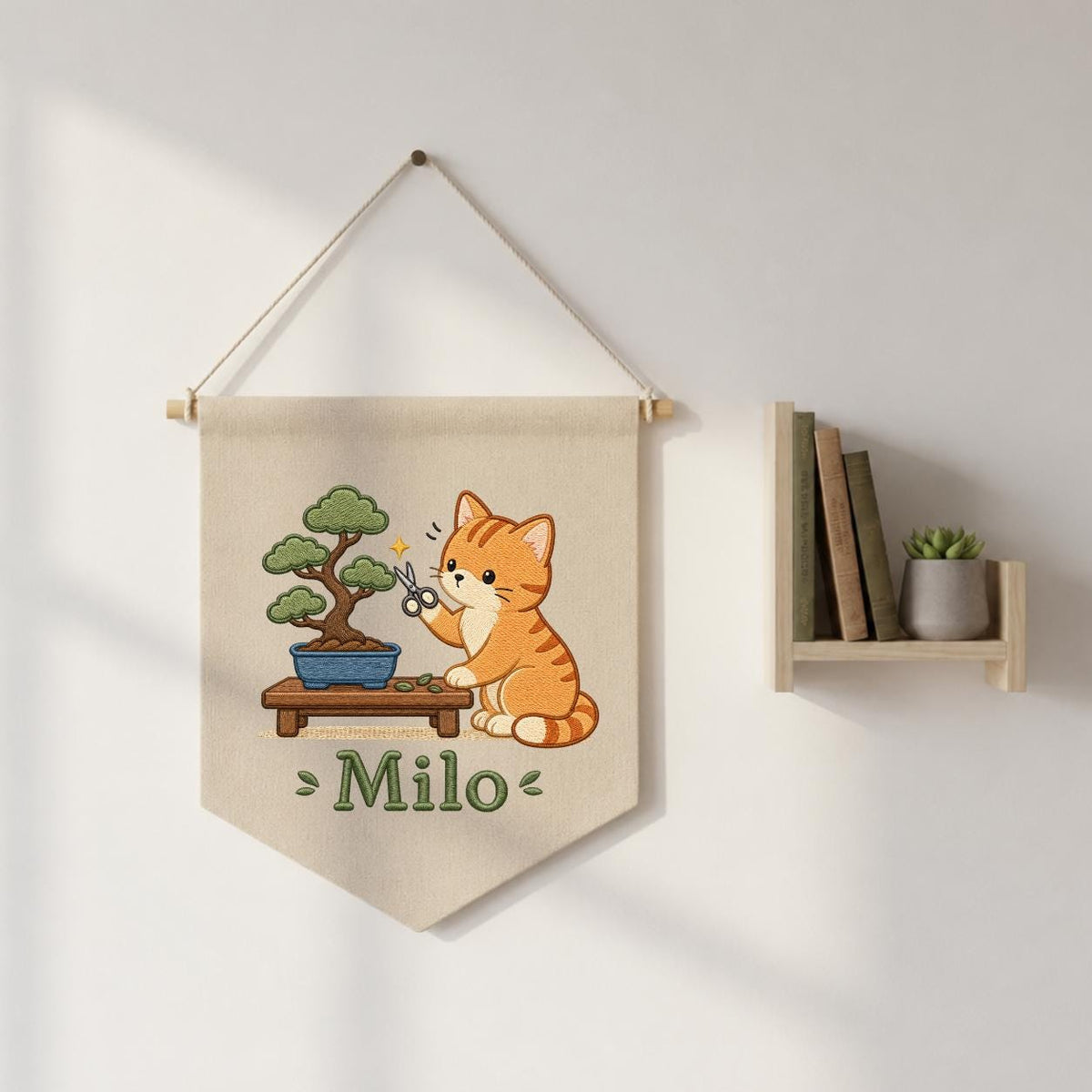 Personalized Embroidered Cat Bonsai Banner, Linen Nursery Wall Hanging, Plant Lover Gift
