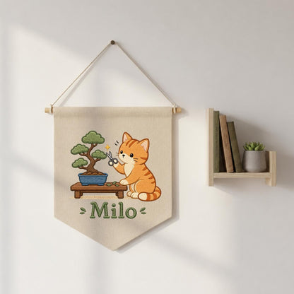 Personalized Embroidered Cat Bonsai Banner, Linen Nursery Wall Hanging, Plant Lover Gift