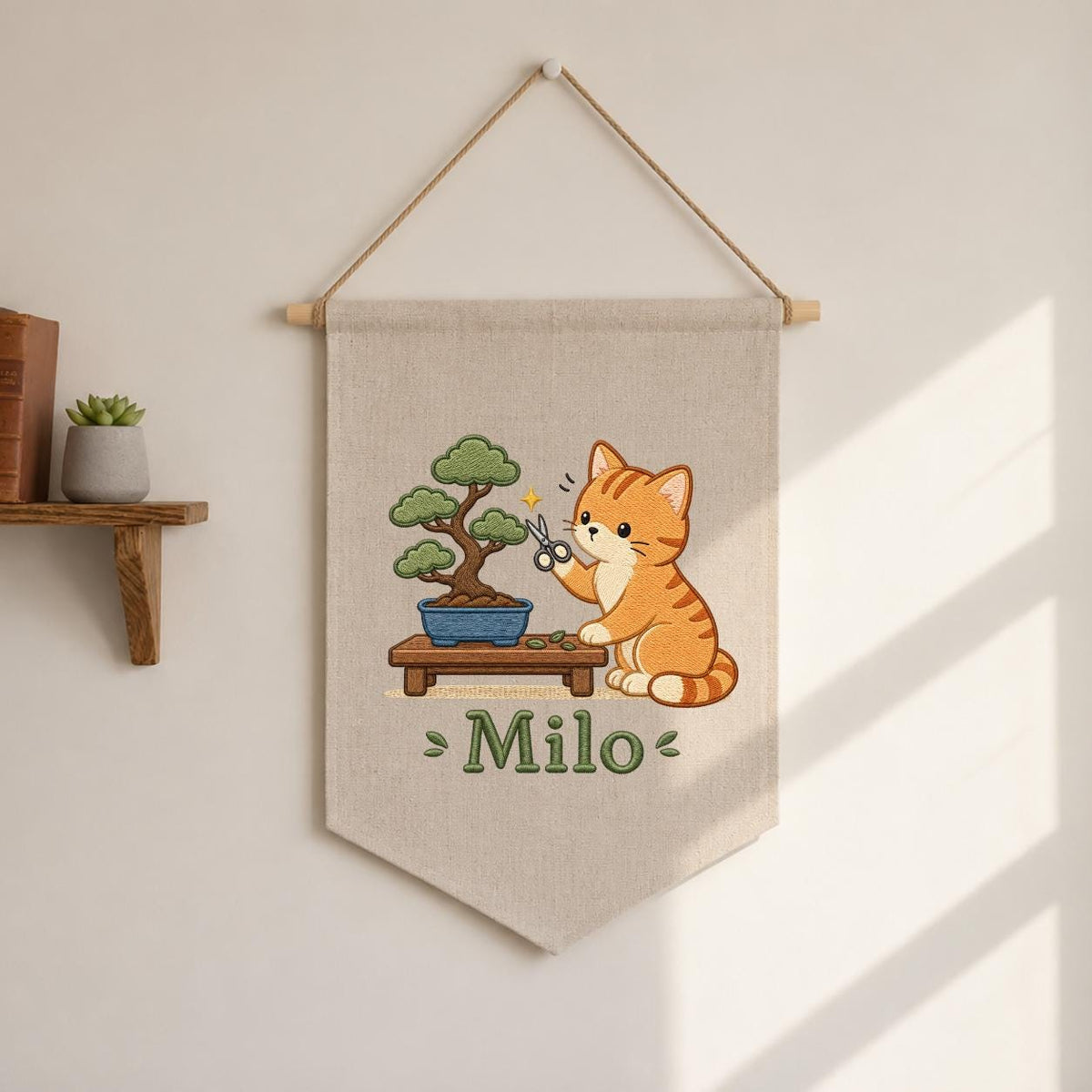 Personalized Embroidered Cat Bonsai Banner, Linen Nursery Wall Hanging, Plant Lover Gift