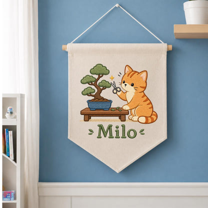 Personalized Embroidered Cat Bonsai Banner, Linen Nursery Wall Hanging, Plant Lover Gift