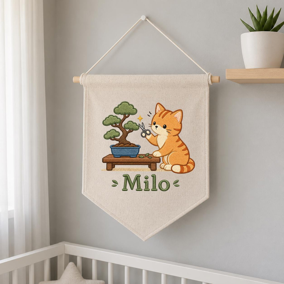 Personalized Embroidered Cat Bonsai Banner, Linen Nursery Wall Hanging, Plant Lover Gift