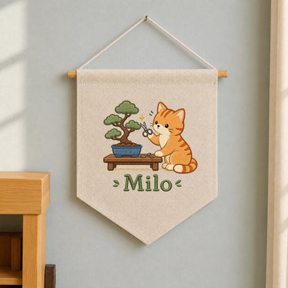 Personalized Embroidered Cat Bonsai Banner, Linen Nursery Wall Hanging, Plant Lover Gift