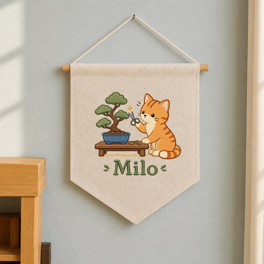 Personalized Embroidered Cat Bonsai Banner, Linen Nursery Wall Hanging, Plant Lover Gift