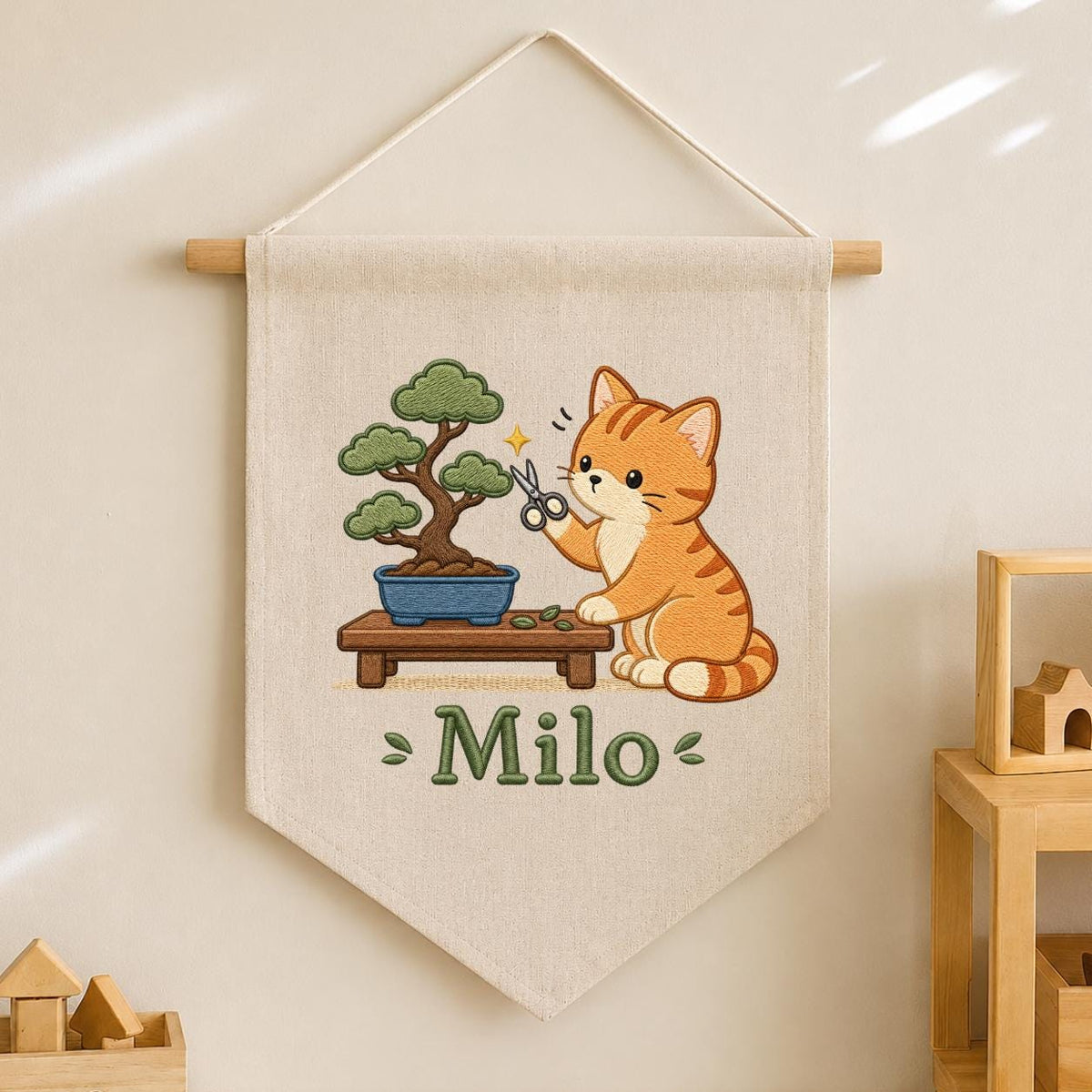 Personalized Embroidered Cat Bonsai Banner, Linen Nursery Wall Hanging, Plant Lover Gift