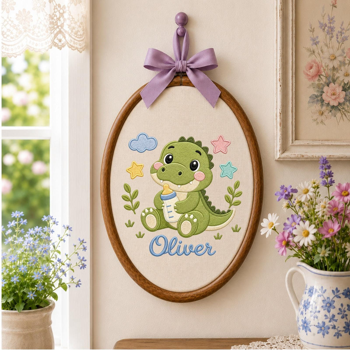 Personalized Embroidered Ornament, Baby Dinosaur Name Hoop, Cute Dino Nursery Decor, Baby Boy Shower Gift, Newborn Keepsake