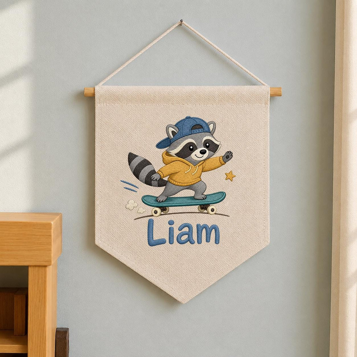 Custom Embroidered Raccoon Skater Pennant Banner, Personalized Wall Hanging Sign