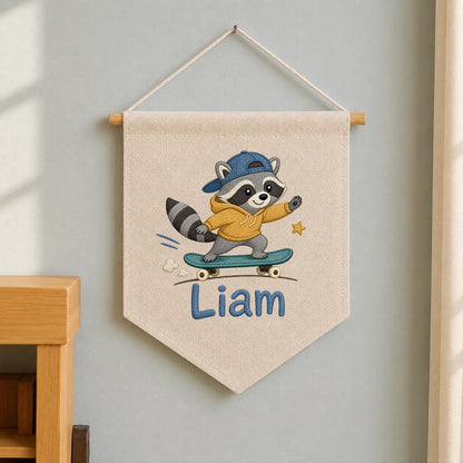 Custom Embroidered Raccoon Skater Pennant Banner, Personalized Wall Hanging Sign