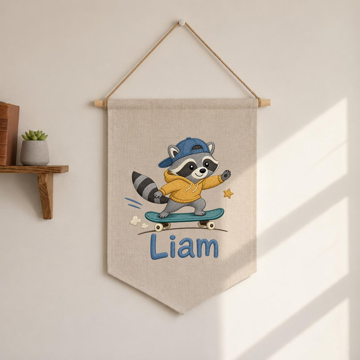 Custom Embroidered Raccoon Skater Pennant Banner, Personalized Wall Hanging Sign