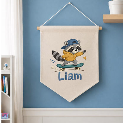 Custom Embroidered Raccoon Skater Pennant Banner, Personalized Wall Hanging Sign