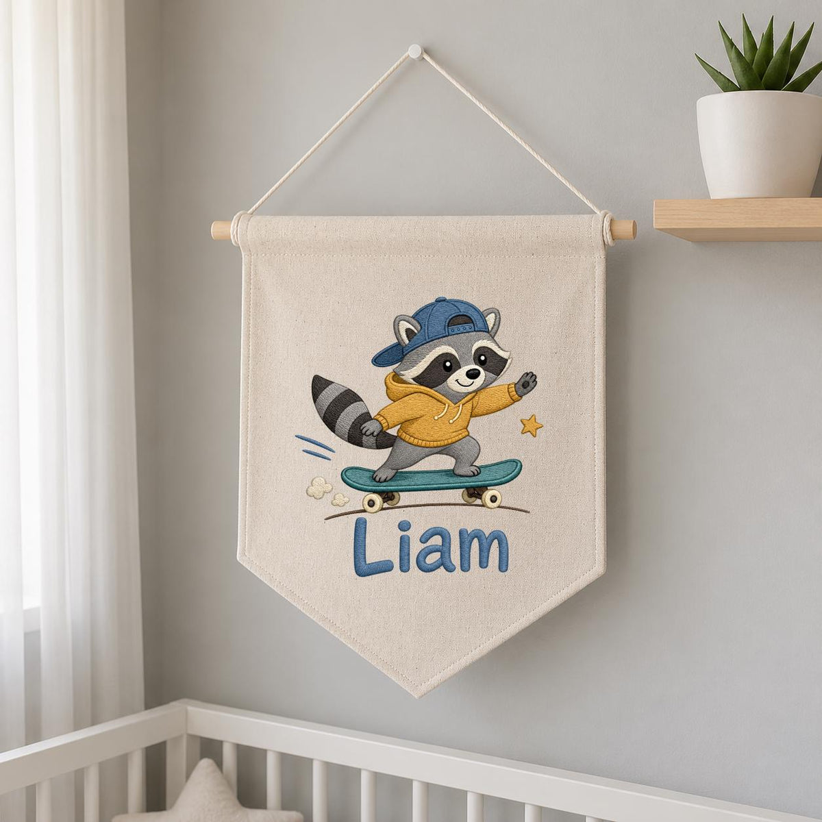 Custom Embroidered Raccoon Skater Pennant Banner, Personalized Wall Hanging Sign