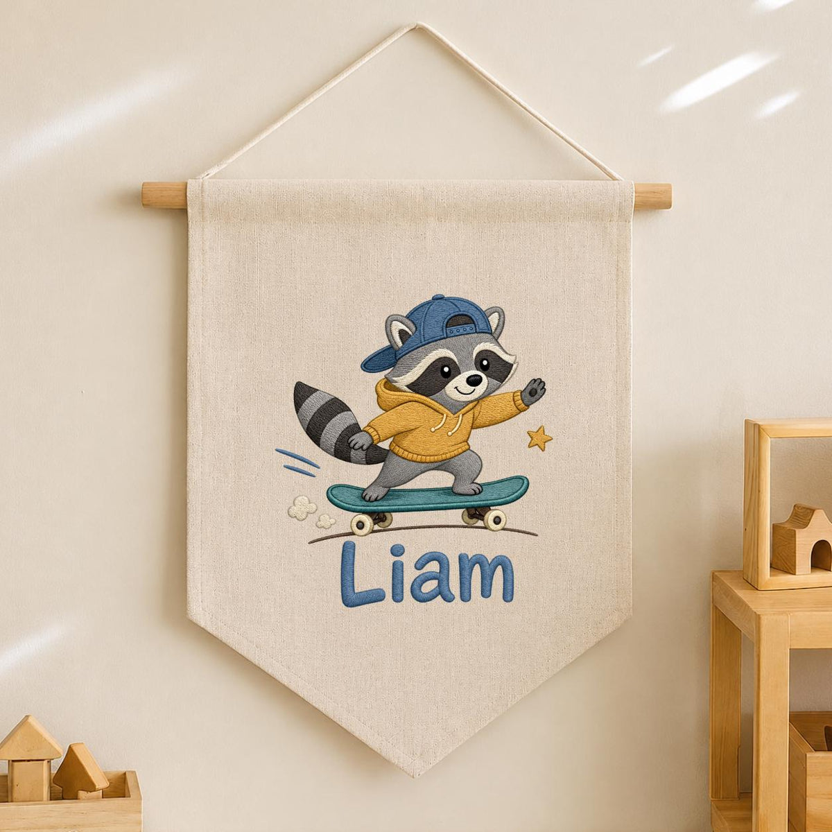 Custom Embroidered Raccoon Skater Pennant Banner, Personalized Wall Hanging Sign